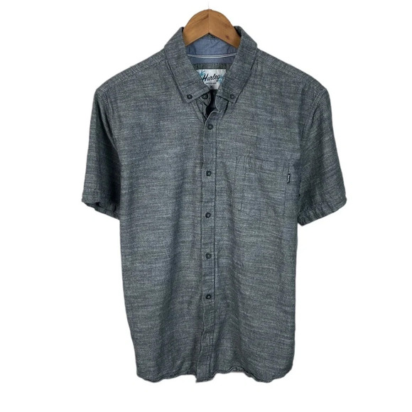 BF301 Mens Hurley Surfing Brand Pocket Slub Button Down Chambray Shirt L - Picture 1 of 4